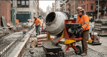 MBW concrete mixer blending cement and aggregate on a construction jobsite