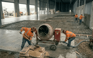 MBW mortar mixer blending mortar on active masonry construction site