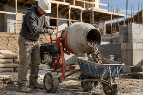 Contractor operating MBW concrete mixer while preparing concrete mixture on construction site