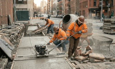 MBW vibratory concrete screed leveling freshly poured concrete slab on construction site